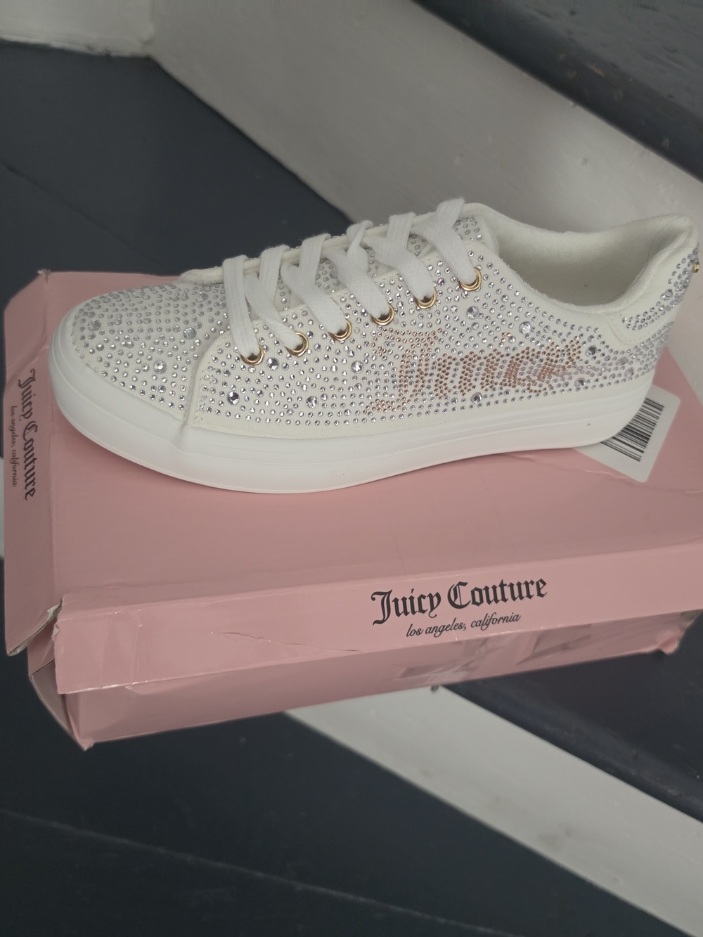 Juicy Couture White Rhinestone Crystal Embellished Lace-Up Sneakers (New with Bo - Picture 6 of 12